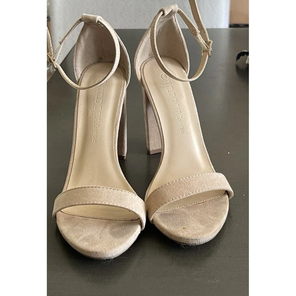 Wild Diva Nude Ankle Strap Block High Heel Open Toe Shoes 6 Faux Suede Wedding